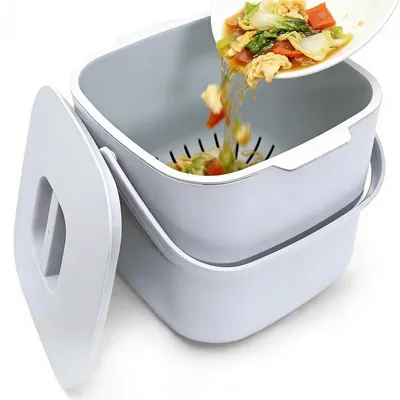 Produktbild von Bioabfallbehälter Küche Kompostbehälter - 4 Liter - Mit Deckel - Herausnehmbares Sieb - Grau