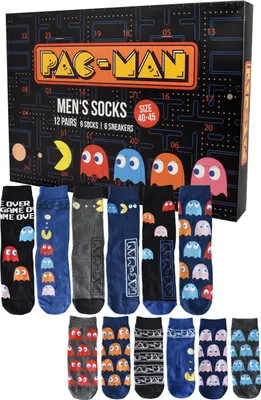 Produktbild von Pac-Man Adventskalender mit 12 Paar Socken Größe 40-45 für Herren Weihnachtskalender mit Sneakers und langen Socken