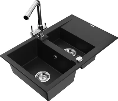 Produktbild von Mexen Gaspar 1,5-Becken-Granitspüle mit Abtropffläche und Mischbatterie Duero, Schwarz - 6507-77-671600-00