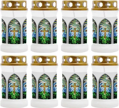 Produktbild von Grabkerze Weiß 8er Pack, Brenndauer: 40 Stunden ( je Kerze ), Motiv: Fenster Weiss
