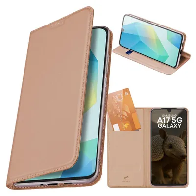 A collage of images showing a pink flip case for a Samsung A17 5G phone, with a credit card inserted and the phone displayed in different orientations.
