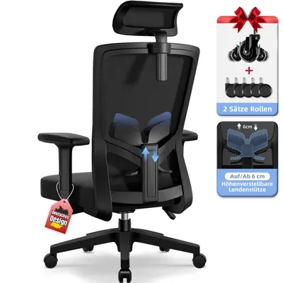 Produktbild von Aiibot Bürostuhl Ergonomisch, Schreibtischstuhl mit Verstellbarer Kopfstütze, Armlehnen, Lendenwirbelstütze, Chefsessel, Drehstuhl, Bürostuhl 150kg