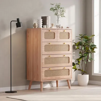 Obrázek produktu pro Komoda INONEFT s 5 zásuvkami, ratanová komoda do obývacího pokoje, příborník s kovovými úchytkami, boho komoda do chodby nebo ložnice, rozměry 60 x 34 x 91 cm