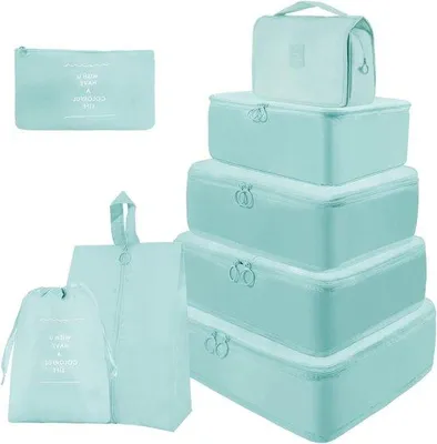 Produktbild von Famanu 8-teiliges wasserdichtes Gepäck-Organizer-Set - Reiseverpackung für Kleidung und Unterwäsche - seeblau