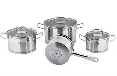 A set of stainless steel pots and pans with glass lids, arranged on a white background.