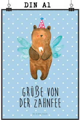 Produktbild von Mr. & Mrs. Panda Bild Bär Zahnfee DIN A1 - Blau Pastell - Geschenk, kunstdruck poster, Erster Zahn, Milchzahn, Wanddekoration, Wandbild, Teddy, Fee, Posterdruck, wanddeko