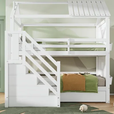 Immagine prodotto di letto a castello okwish letto a castello 90x200cm con scaletta e cassetti, letto a soppalco con protezione anticaduta, letto in legno massiccio struttura letto per bambini con rete a doghe e ripiano, bianco