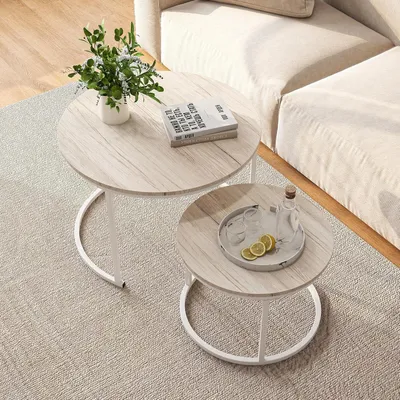 Image de Table basse ronde, lot de 2, chêne/métal Salon Table d'appoint empilable