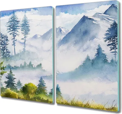Produktbild von Coloray Hackbrett Küchenbrett Kochplattenabdeckung Schneidebrett Herdabdeckplatte 2x30x52 cm - Landschaft Berge Baum