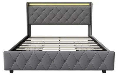 Zdjęcie produktu dla Łóżko z schowkiem – łóżko tapicerowane 160×200 cm – szuflady – oświetlenie LED i port USB – aksamit – metalowa rama – szare