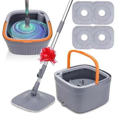 Zdjęcie produktu dla Omgoods - Mop obrotowy 360° z wiadrem, w zestawie 4 wymienne nakładki wielokrotnego użytku
