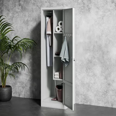 A grey metal locker with two compartments, open to reveal clothes, toilet paper, towels, and a trash can. A potted plant is visible to the left.