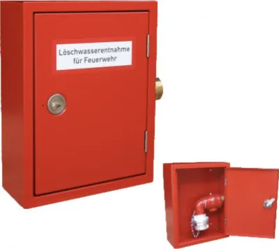 A red fire safety cabinet with a label and a partially open view showing internal components.