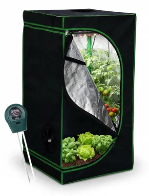 Produktbild von Mucola Gewächshaus inkl. 3 in 1 Feuchtigkeitsmessgerät für Pflanzen Pflanzenzelt Growbox Indoor Pflanzenzelt Zuchtzelt Zuchtschrank Darkroom Frühbeet Schwarz Grün - 100x100x200cm