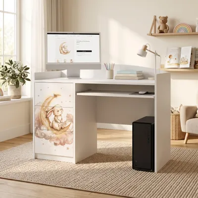 Produktbild von Schülerschreibtisch Weiß für Kinder mit Motiv, Jugendschreibtisch Hausaufgabentisch mit viel Stauraum, PC-Tisch für das Kinderzimmer