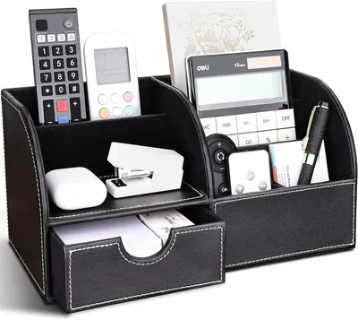 Produktbild von Organisateur de Bureau Multifonctions Pot a crayon en Cuir Rangement Bureau Organisateur avec tiroir (L-Noir)