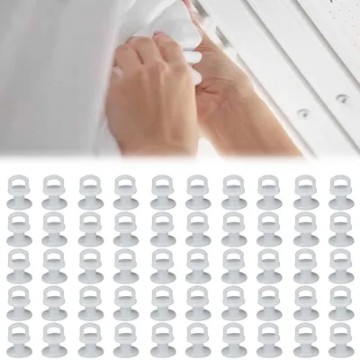 Image de Tringles à rideaux, crochets à rideaux, lot de 50, en plastique blanc, pour rideaux de fenêtres et de portes.
