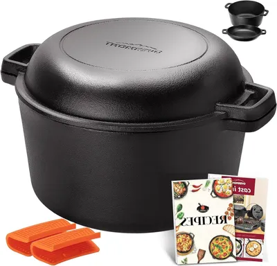 Productafbeelding van Gietijzeren Stoofpan - Koekenpan Deksel - Buiten Koken - Voorverwarmd - 5 Liter - Zwart