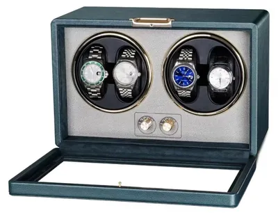 Immagine prodotto di INF Caricatore per orologi automatici - Doppio supporto a quattro teste, Finto cuoio, Alimentazione USB-C, Luce LED, 5 modalità di rotazione Verde