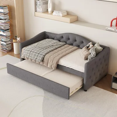 Image de Flieks Canapé-lit Lit rembourré 90x200cm avec sommier, Lit pour adolescents Lit simple Lit de jour avec sommier à lattes, Lit classique Canapé, Lin, Gris