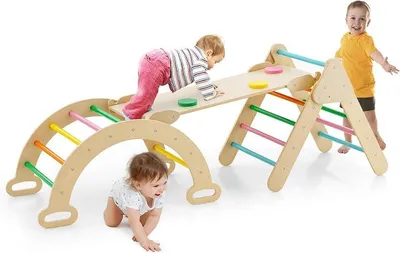 Imagen del producto de Estructura de juego triangular 4 en 1 con tobogán, balancín, arco de escalada y escalera, juego de escalada de madera con rampa de doble cara, ideal para niños a partir de 1 año (multicolor, sin cojín)