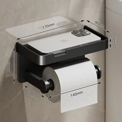 Zdjęcie produktu dla Uchwyt na papier toaletowy do montażu na ścianie - Mały uchwyt na rolkę papieru toaletowego - Półka - Półka na telefon - Stop aluminium - Czarny kolor