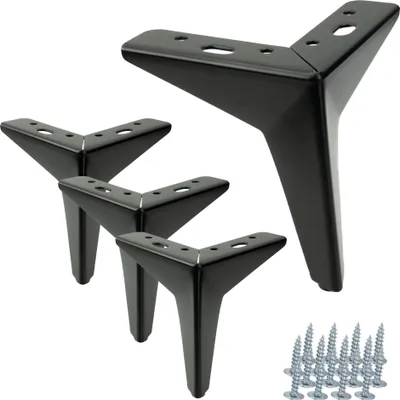 A set of four black metal furniture legs and screws on a white background.