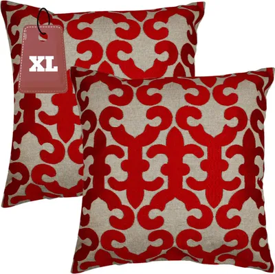 Produktbild von Marrakesch 2er Set Kissenbezug Kissen 50x50 cm groß | Sofakissen Kuschelkissen aus Baumwolle bestickt als Wohnzimmer Deko auf dem Sessel & Sofa | Dekokissen Kayon Rot als Stuhlkissen im Esszimmer