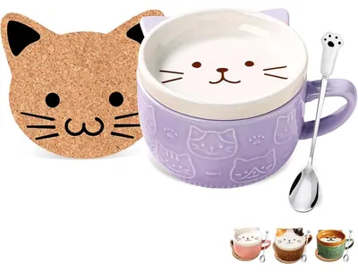 Immagine prodotto di Tazza da caffè con coperchio, motivo gatto viola, set da 2, idea regalo