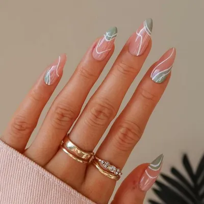 Produktbild von Falsche Nägel Mandelform Abstrakt Swirl Französisch Press on Nails 24 Stück Acryl zum Aufkleben Grün