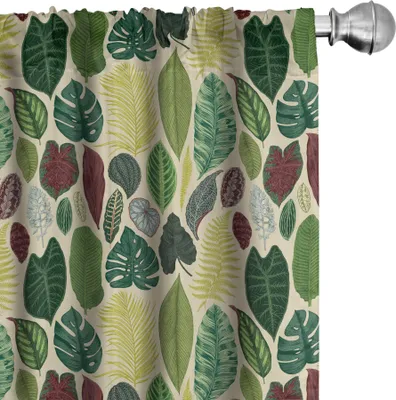 Obrázok produktu pre ABAKUHAUS Tropické závesy, záclony, vintage štýl, detailný prírodný motív listov, 2 kusy, 75 x 245 cm, viacfarebné