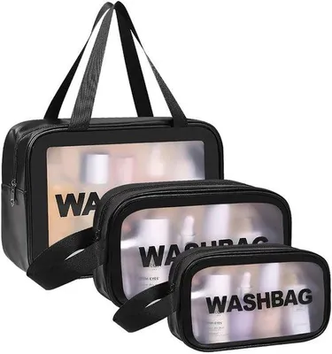 Productafbeelding van Unyqoos® Transparante, waterdichte reistassen – set van 3 (PVC/PU), groot/medium/klein, voor heldere opbergmogelijkheden voor cosmetica en toiletartikelen, met metalen rits