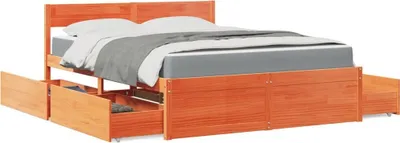 Zdjęcie produktu dla Łóżko Drewniane 140x200 Brązowe z Szufladami z Materacem do Sypialni