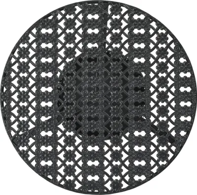 A black metal bistro table with a decorative lattice pattern.