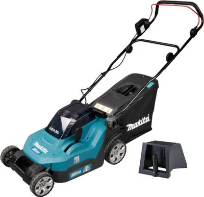 A cordless electric lawnmower with a grass catcher and a mulch wedge, shown against a white background.