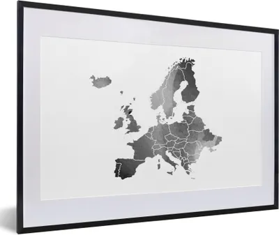 Produktbild von MuchoWow® Gerahmtes Poster Europa-Karte in Aquarell - schwarz und weiß 60x40 cm - Poster mit Schwarzem Bilderrahmen Wandposter Rahmen Foto Bilder - Schlafzimmer - Plakat in Rahmen - Drucken