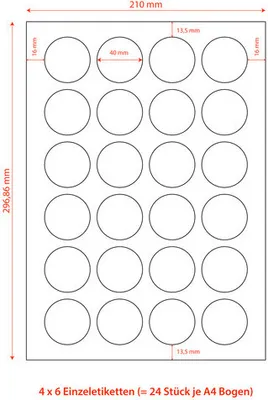 Produktbild von 2400x Etiketten Labels selbstklebend weiß rund Durchmesser: 40mm auf DIN A4