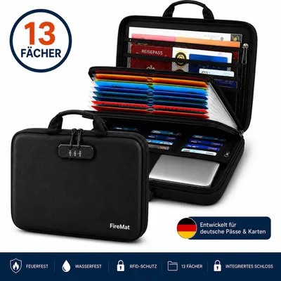 Produktbild von Feuerfeste Dokumentenmappe mit harter Oberfläche – 13-Fächer Organizer, wasserfest mit Schloss (28,5 x 38,5 x 7,5 cm),Schutz für Wertsachen - sicherer Schutz für wichtige Unterlagen, robust, für Zuhause & Büro