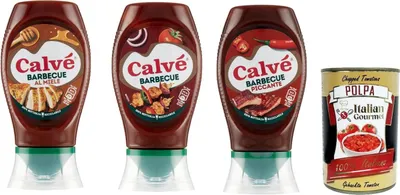 Produktbild von Calvé Salsa Barbeque Testpaket BBQ -Sauce mit Honig, Piccante und Classic 3x 250ml + Italian Gourmet polpa 400g
