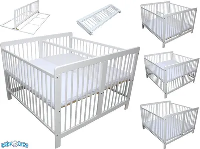 Produktbild von Zwillingsbett Kinderbett für Zwillinge 2in1 massiv weiss mit 2 Matratzen 120x120cm und Trenngitter