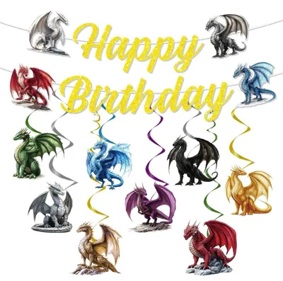 Obrázok produktu pre Dekorácie na narodeniny, motívy dračích, girlanda "Happy Birthday", papierové dekorácie, 10 kusov