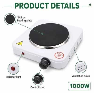 Image de Plaque de cuisson électrique - Plaque de cuisson individuelle - 1000 W - 15,5 cm - Thermostat réglable - Voyant lumineux - 240 V - Blanc