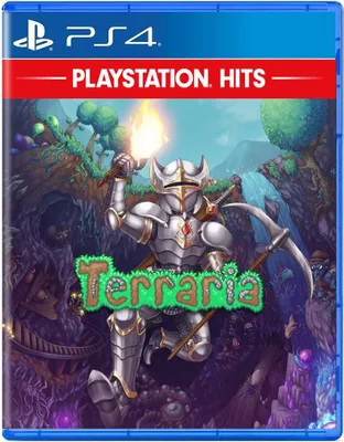 The image is a video game box cover for Terraria on PlayStation 4, featuring artwork of a knight in armor holding a torch and pickaxe.