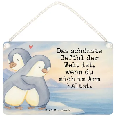 Produktbild von Mr. & Mrs. Panda Schild Pinguine Kuscheln Design DIN A5 - Weiß - Geschenk, Freundin, Hochzeitstag, für Frauen, Valentinstag, wandtafel, Männer, kleine aufmerksamkeit
