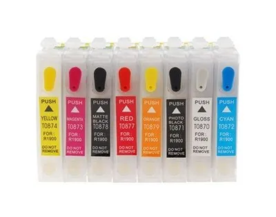 Image de Cartouches d'encre rechargeables T0870-T0879 avec puces de réinitialisation automatique pour imprimante Epson Stylus Photo R1900 (T0870, T0871, T0872, T0873, T0874, T0877, T0878, T0879)