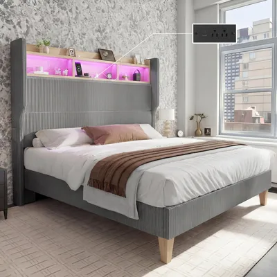Produktbild von Polsterbett mit LED, USB-A- und USB-C, 130 cm hohem Kopfteil mit Ablagefächern, Doppelbett für Matratze 160x200cm, Cordstoff-Oberfläche, Grau