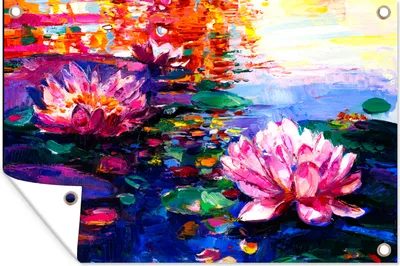 Produktbild von MuchoWow® 90x60 cm Outdoor-Poster Gartendeko Sichtschutz Garten Poster für den Garten  Gemälde - Öl - Seerose - Wasser