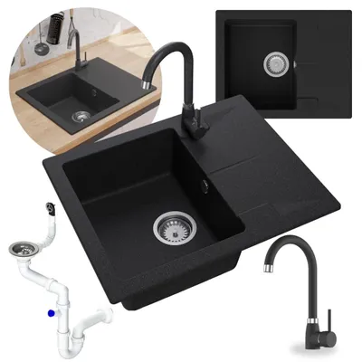 A collage of images showing a black granite kitchen sink with a black faucet and plumbing components.