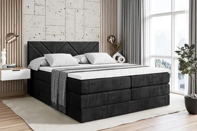 Produktbild von ALTDECOR Boxspringbett mit 2 Matratzen und Topper - 160x200 cm - BARWA KING - Schwarz Samt - Polsterbett mit, H3- und H4- Matratzen, Bettkasten und Lattenrost, Bett mit Stauraum