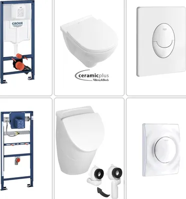 Produktbild von VILLEROY & BOCH O.NOVO Wand WC spülrandlos + SoftClose TakeOff WC-Sitz & Absaug Urinal + Deckel mit CeramicPlus, GROHE Vorwandgestell & Betätigungsplatte in weiß